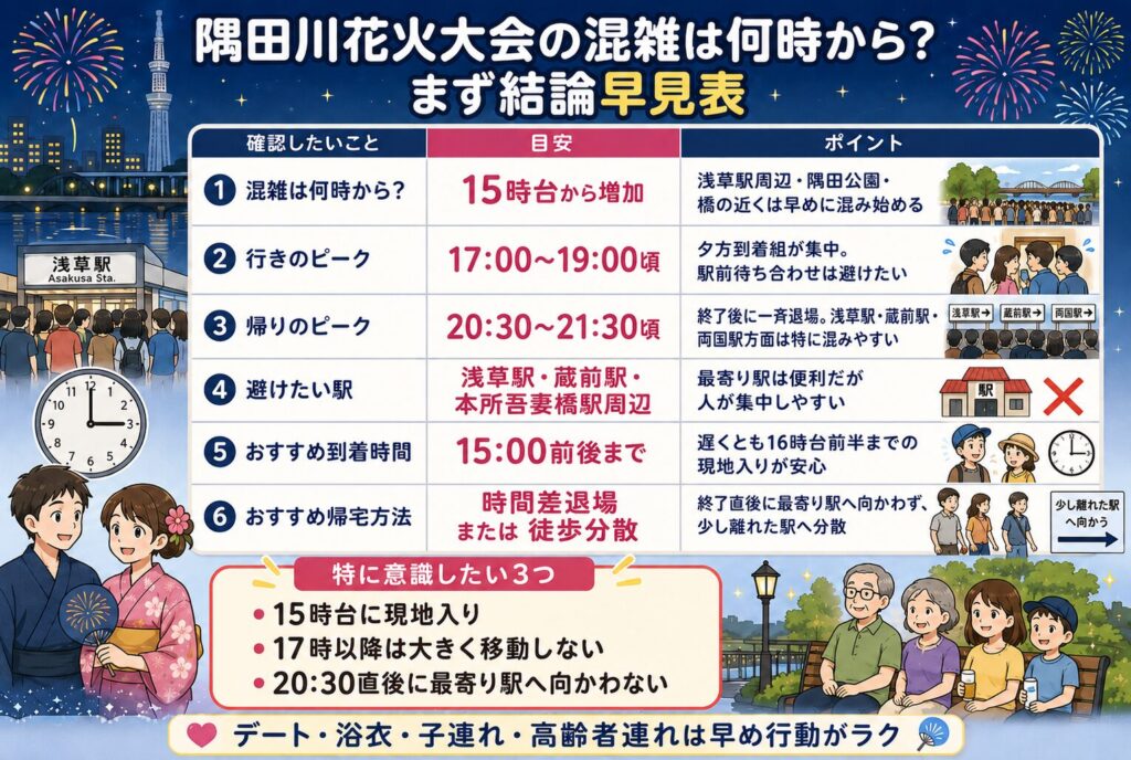 隅田川花火大会の混雑は何時から？まず結論早見表