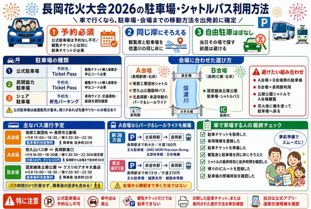 長岡花火大会2026の駐車場・シャトルバス利用方法