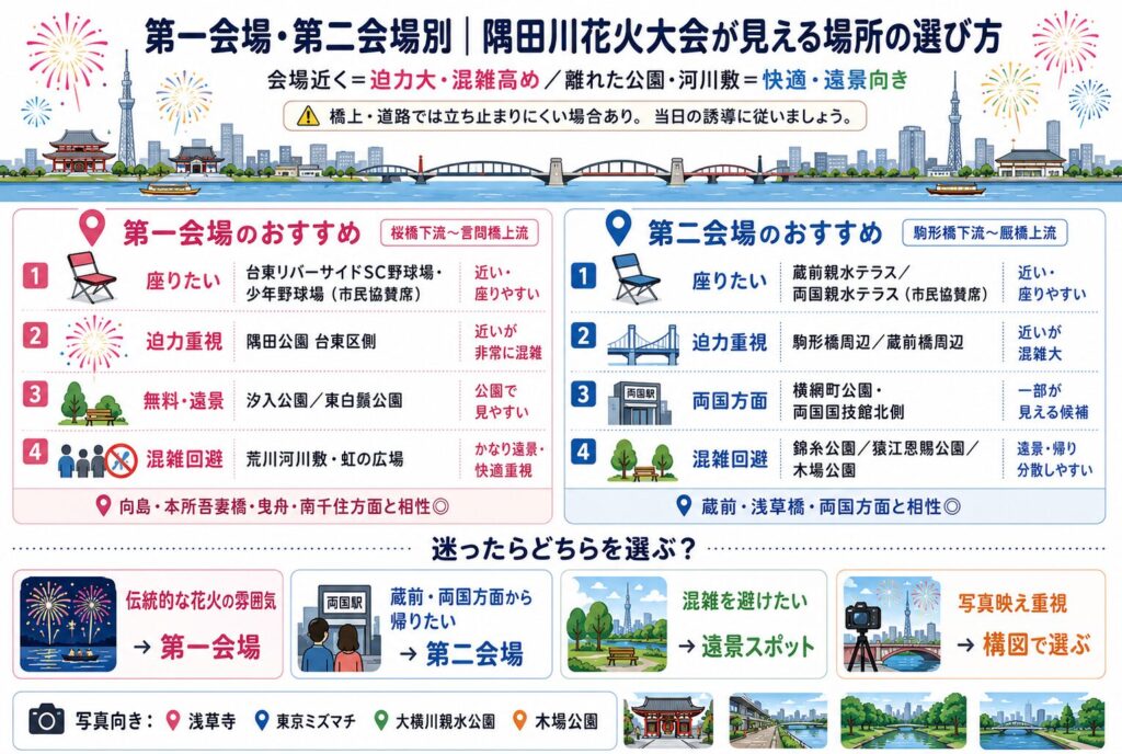 第一会場・第二会場別|隅田川花火大会が見える場所の選び方