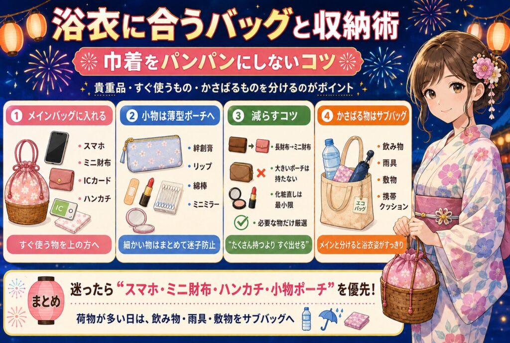 浴衣に合うバッグと収納術｜巾着をパンパンにしないコツ