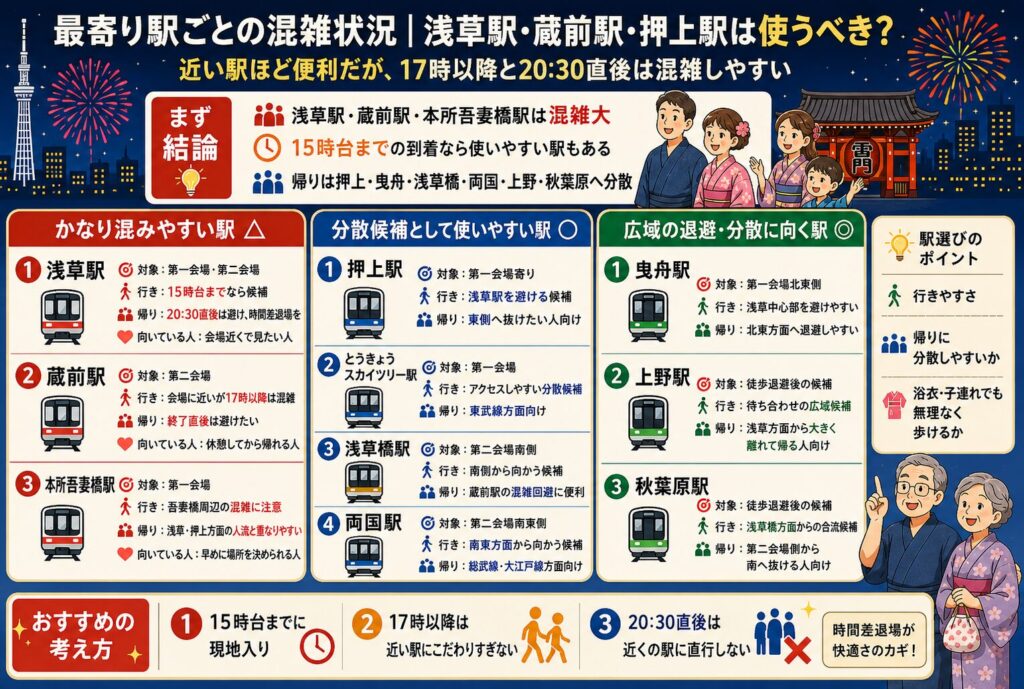 最寄り駅ごとの混雑状況｜浅草駅・蔵前駅・押上駅は使うべき？