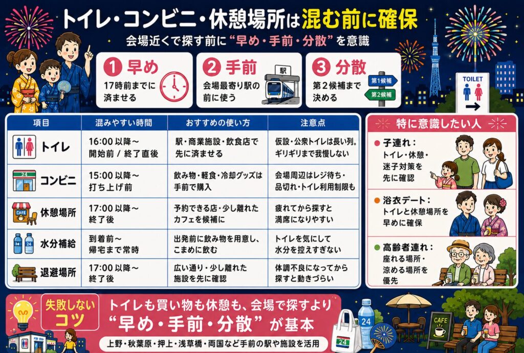 トイレ・コンビニ・休憩場所は混む前に確保