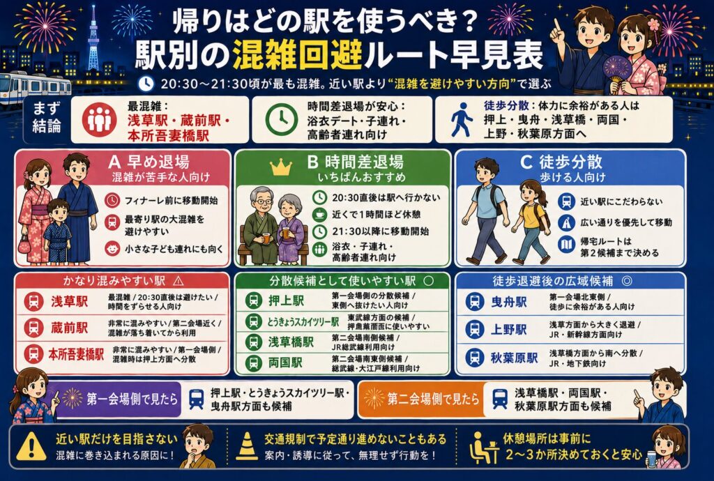帰りはどの駅を使うべき？駅別の混雑回避ルート早見表