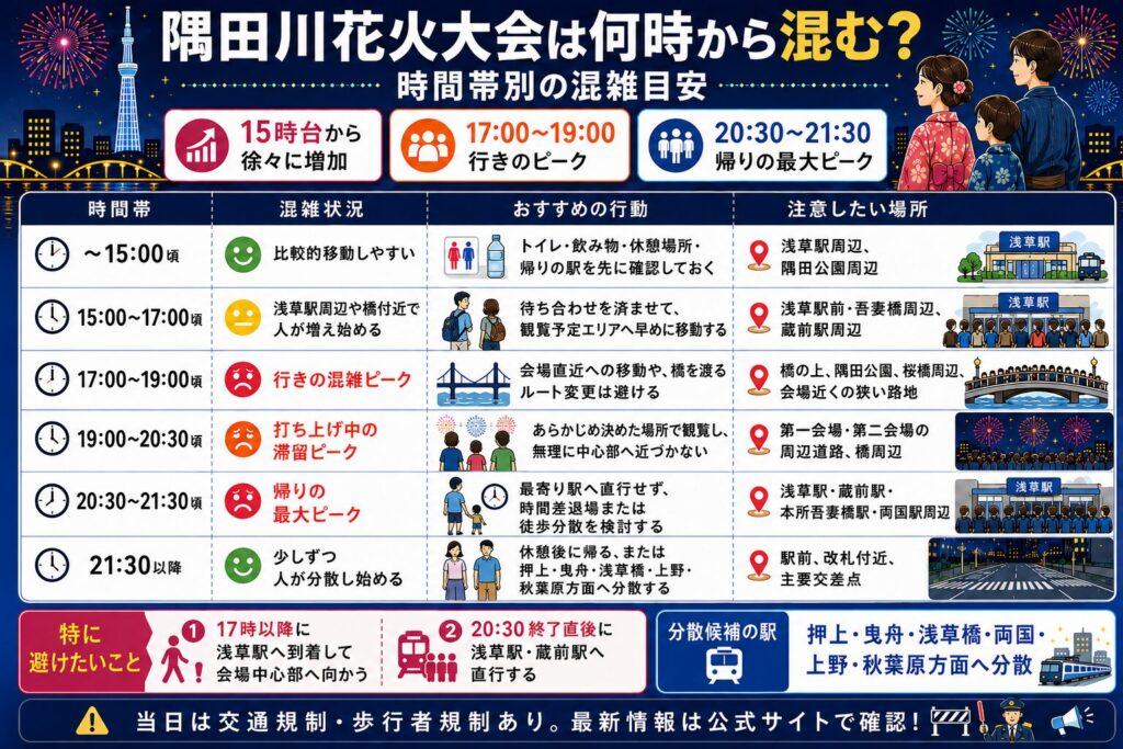 隅田川花火大会は何時から混む？時間帯別の混雑目安
