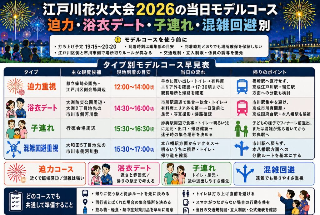 江戸川花火大会2026の当日モデルコース｜迫力・浴衣デート・子連れ・混雑回避別