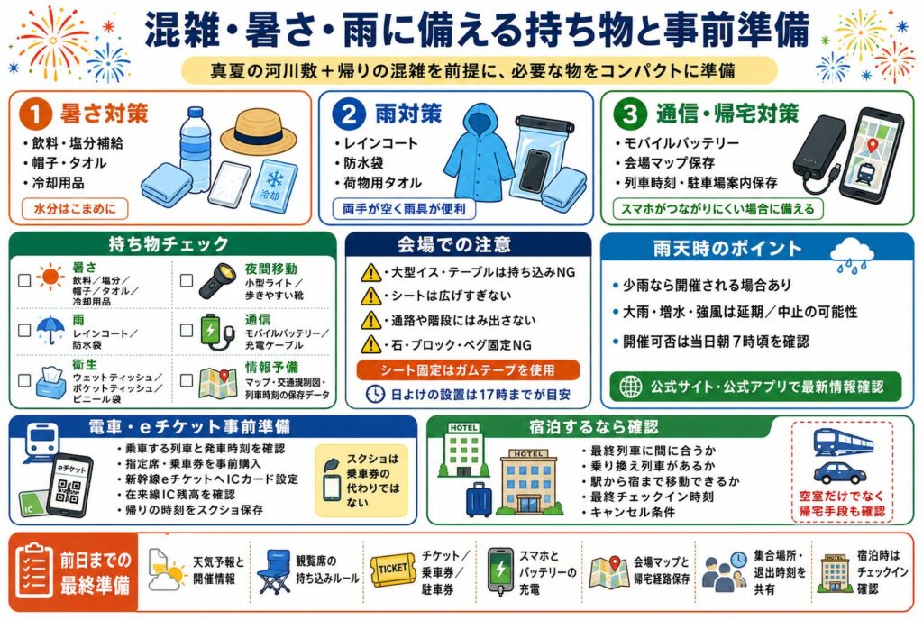 混雑・暑さ・雨に備える持ち物と事前準備
