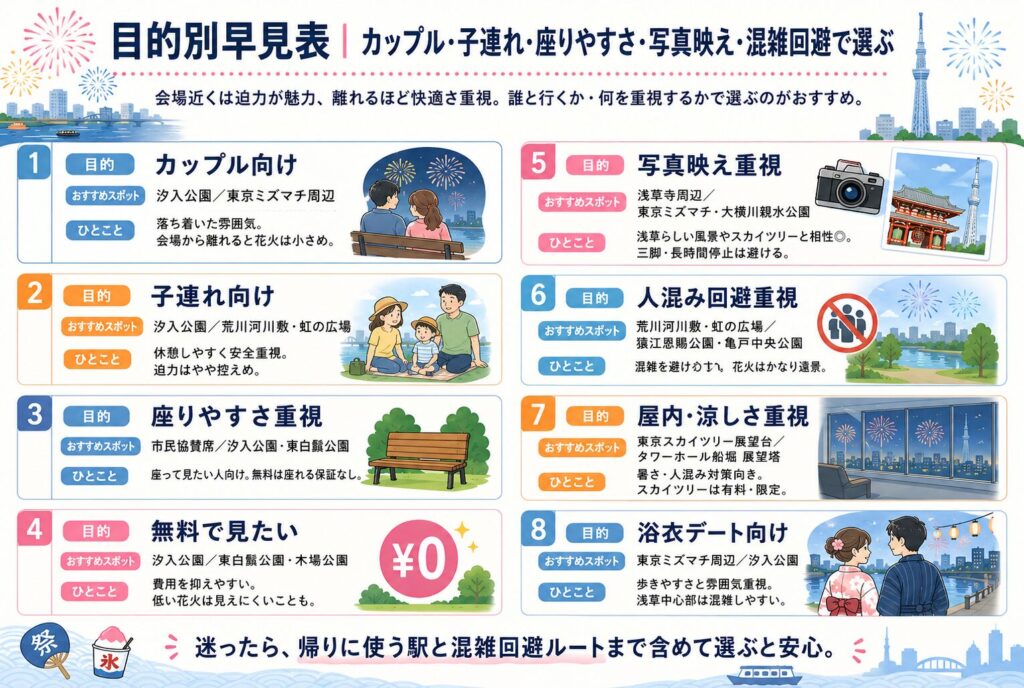 目的別早見表|カップル・子連れ・座りやすさ・写真映え・混雑回避で選ぶならここ