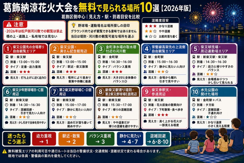 葛飾納涼花火大会を無料で見られる場所10選【2026年版】
