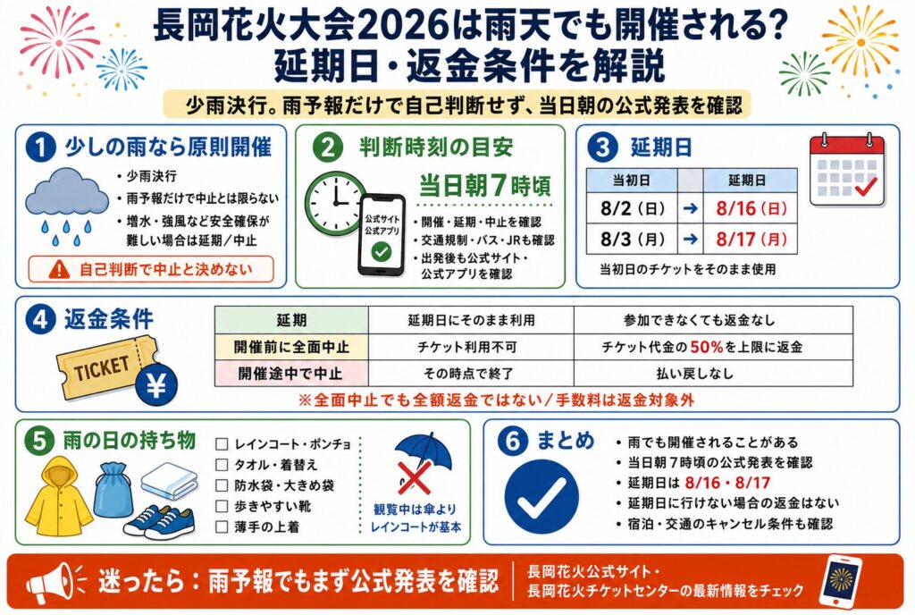 長岡花火大会2026は雨天でも開催される?延期日・返金条件を解説
