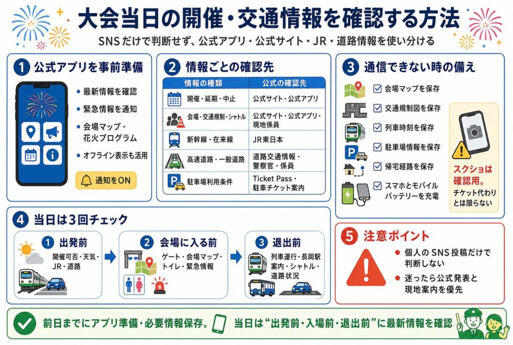 大会当日の開催・交通情報を確認する方法