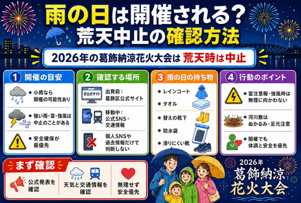 雨の日は開催される?荒天中止の確認方法