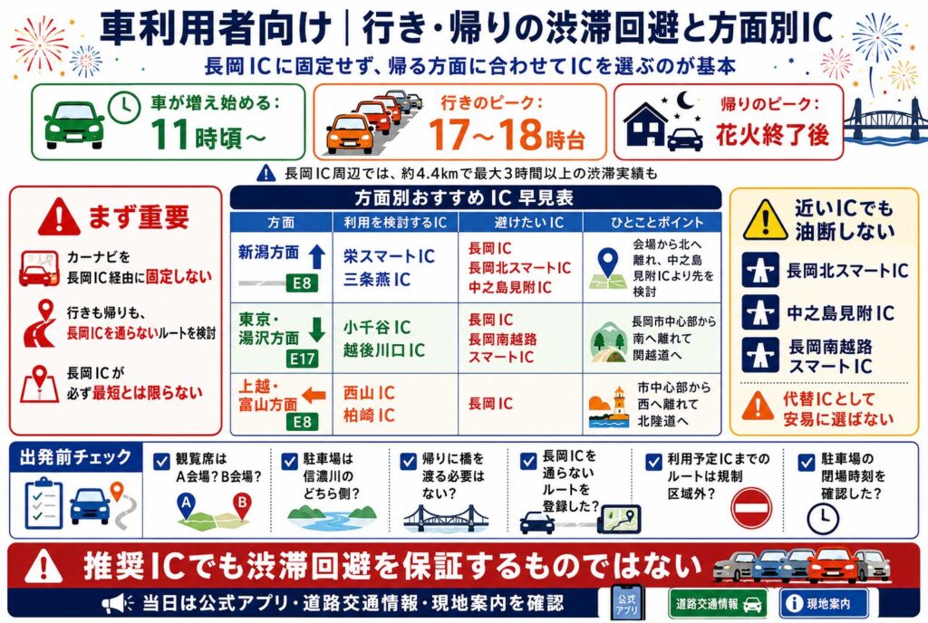 車利用者向け|行き・帰りの渋滞回避と方面別IC