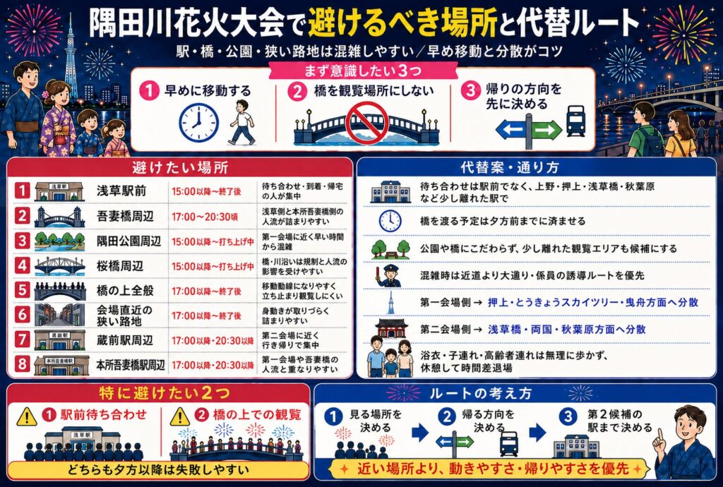 隅田川花火大会で避けるべき場所と代替ルート