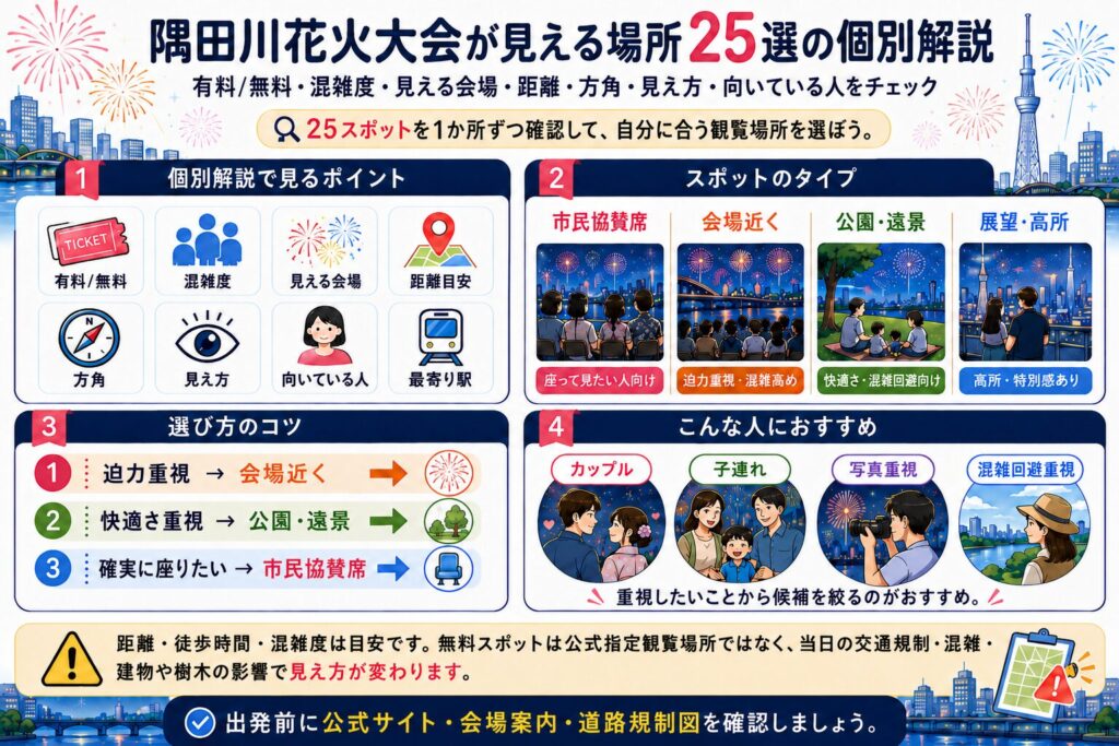 隅田川花火大会が見える場所25選の個別解説