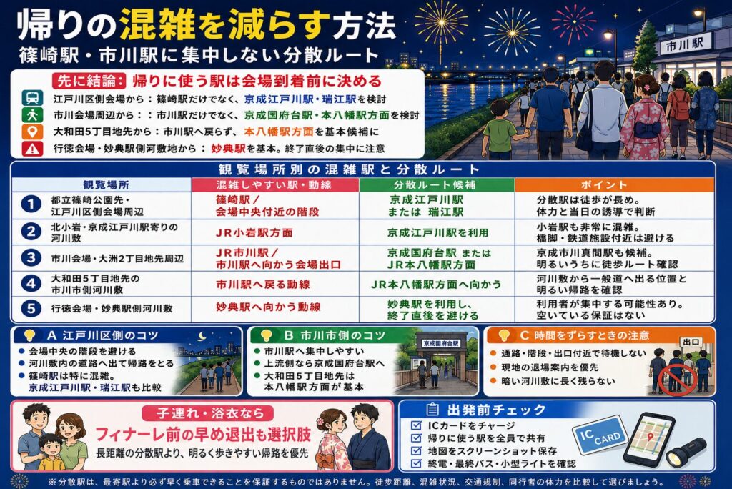 帰りの混雑を減らす方法｜篠崎駅・市川駅に集中しない分散ルート