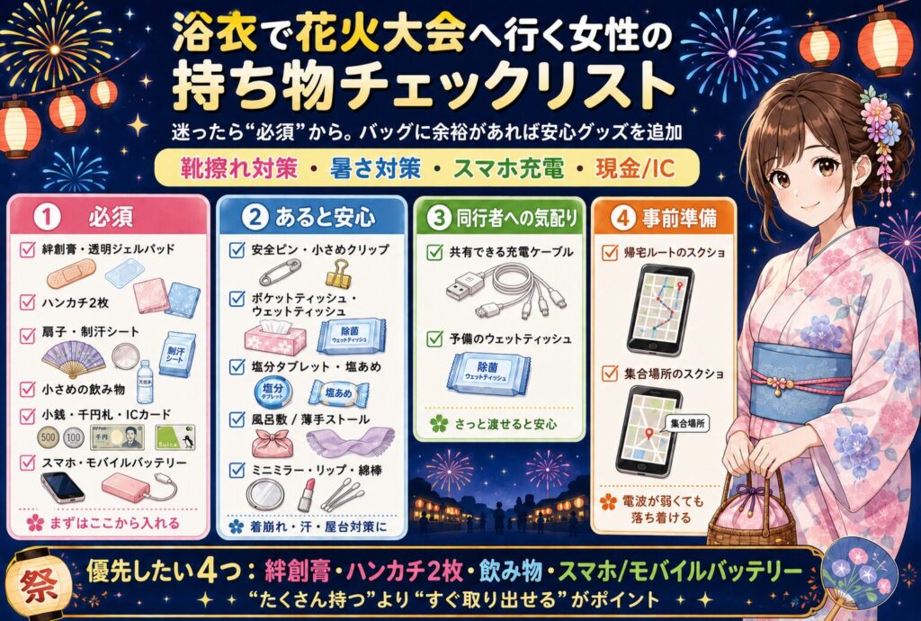 浴衣で花火大会へ行く女性の持ち物チェックリスト