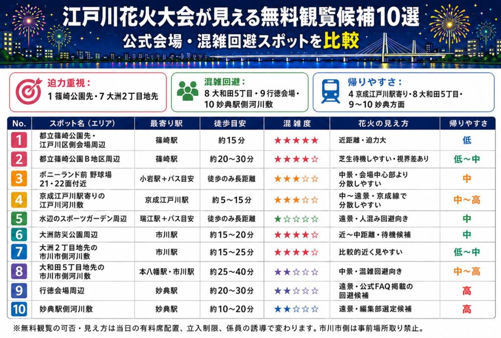 江戸川花火大会が見える無料観覧候補10選｜公式会場・混雑回避スポットを比較
