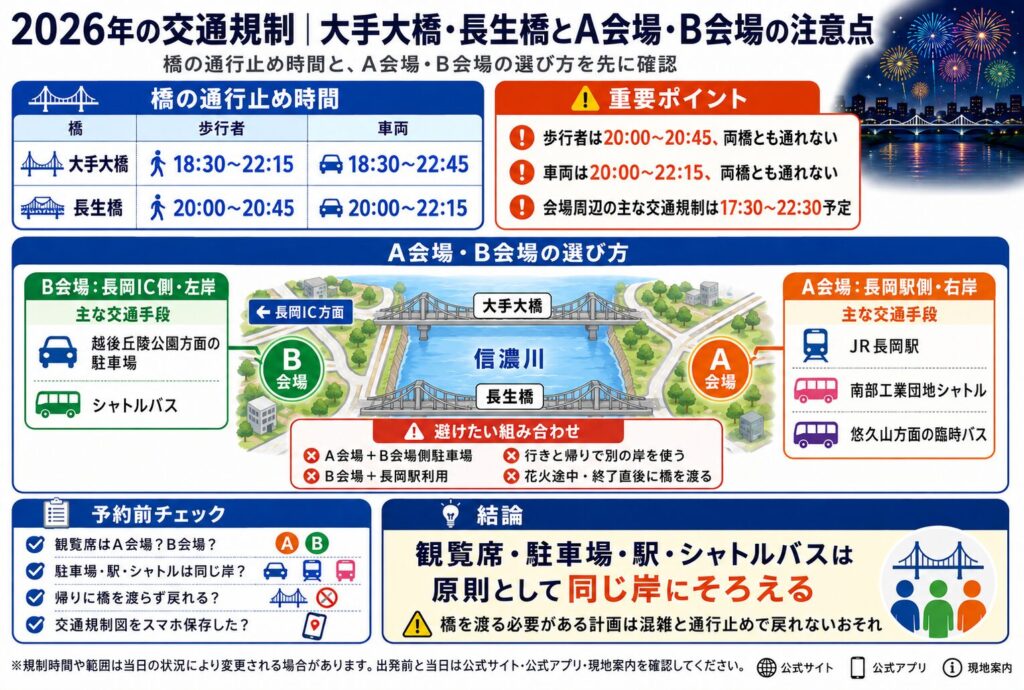 2026年の交通規制|大手大橋・長生橋とA会場・B会場の注意点