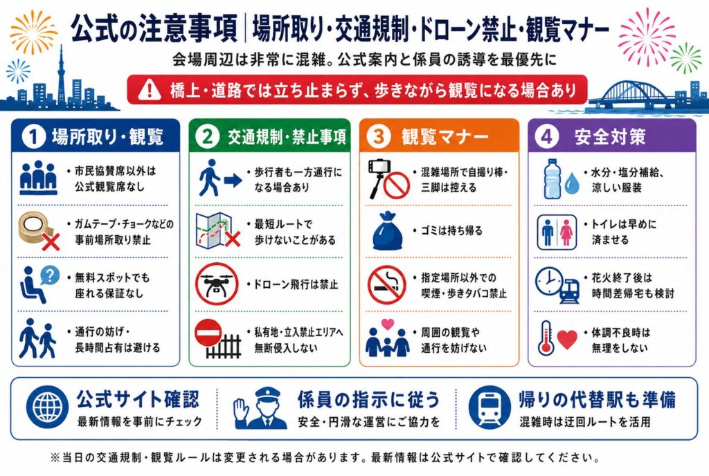 公式の注意事項|場所取り・交通規制・ドローン禁止・観覧マナー