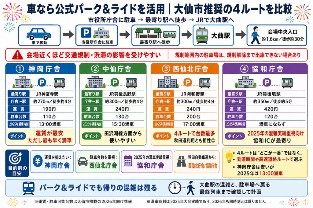 車なら公式パーク＆ライドを活用｜大仙市推奨の4ルートを比較