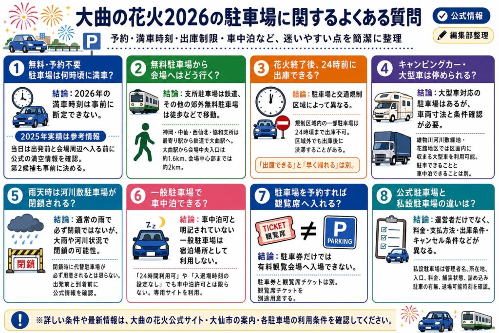 大曲の花火2026の駐車場に関するよくある質問