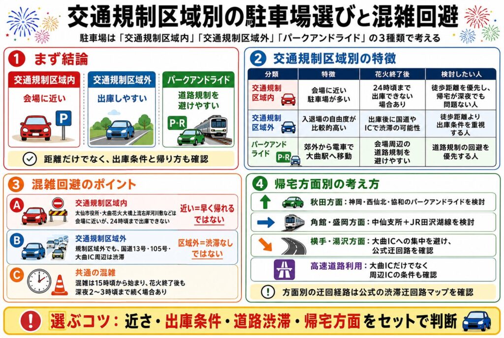 交通規制区域別の駐車場選びと混雑回避