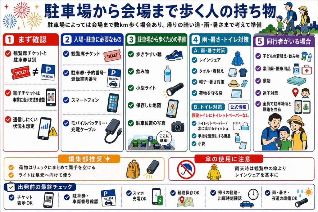 駐車場から会場まで歩く人の持ち物