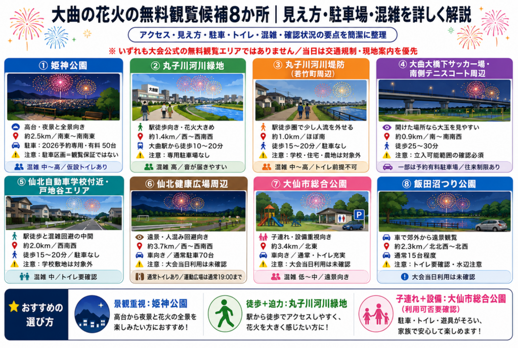 大曲の花火の無料観覧候補8か所｜見え方・駐車場・混雑を詳しく解説