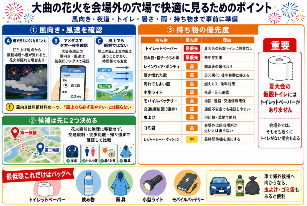 大曲の花火を会場外の穴場で快適に見るためのポイント