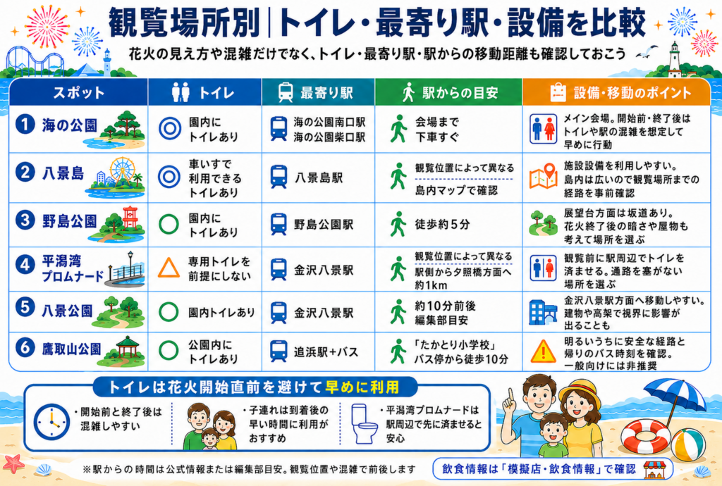 観覧場所別｜トイレ・最寄り駅・設備を比較