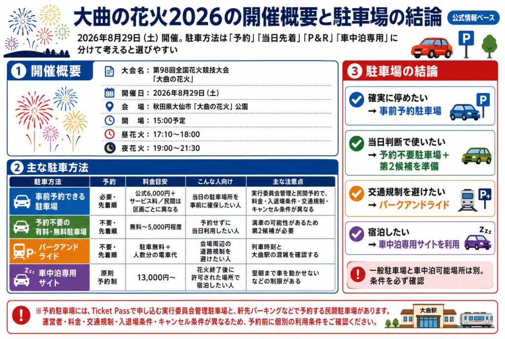 大曲の花火2026の開催概要と駐車場の結論