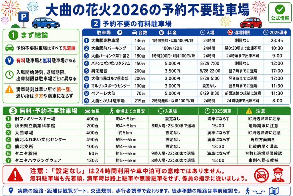 大曲の花火2026の予約不要駐車場