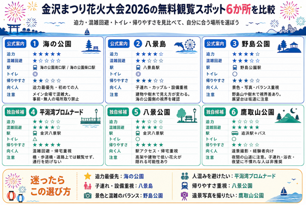 金沢まつり花火大会2026の無料観覧スポット6か所を比較