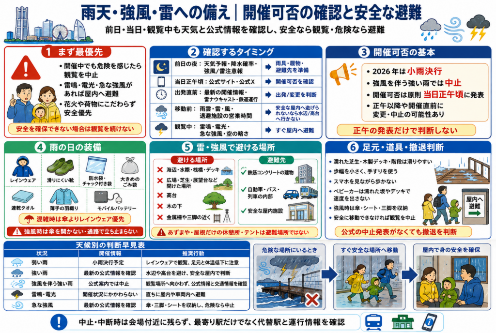 雨天・強風・雷への備え｜開催可否の確認と安全な避難