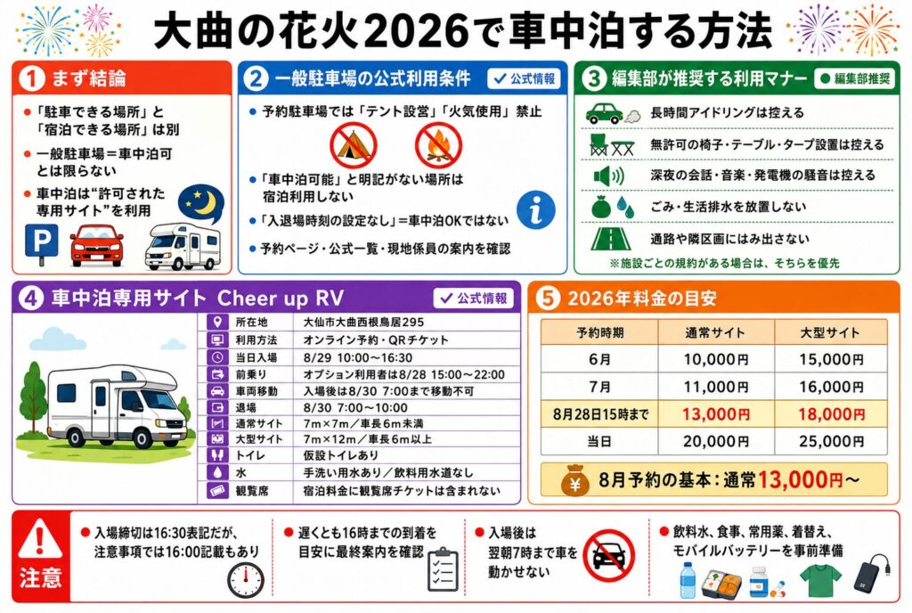 大曲の花火2026で車中泊する方法