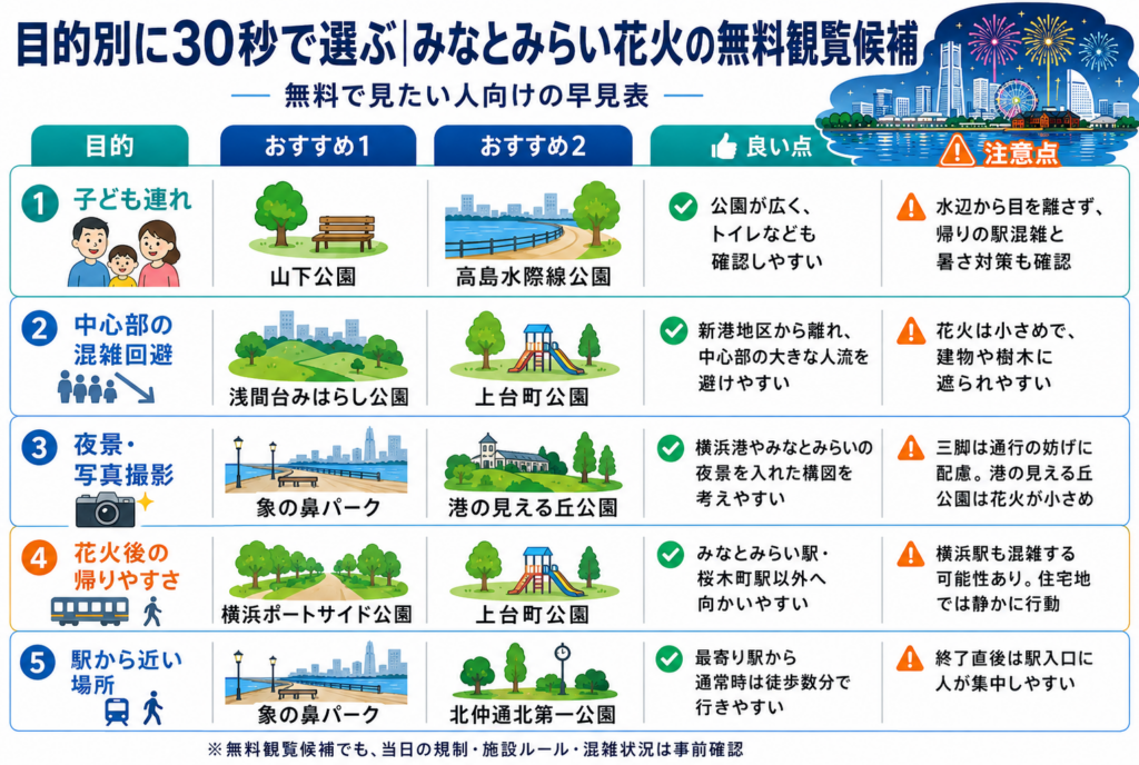 目的別に30秒で選ぶ｜みなとみらい花火の無料観覧候補