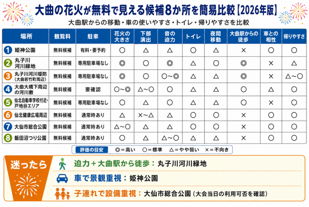 大曲の花火が無料で見える候補8か所を簡易比較【2026年版】