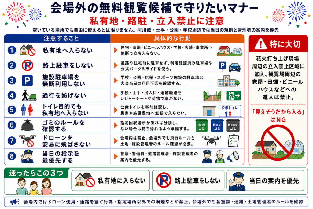 会場外の無料観覧候補で守りたいマナー｜私有地・路駐・立入禁止に注意