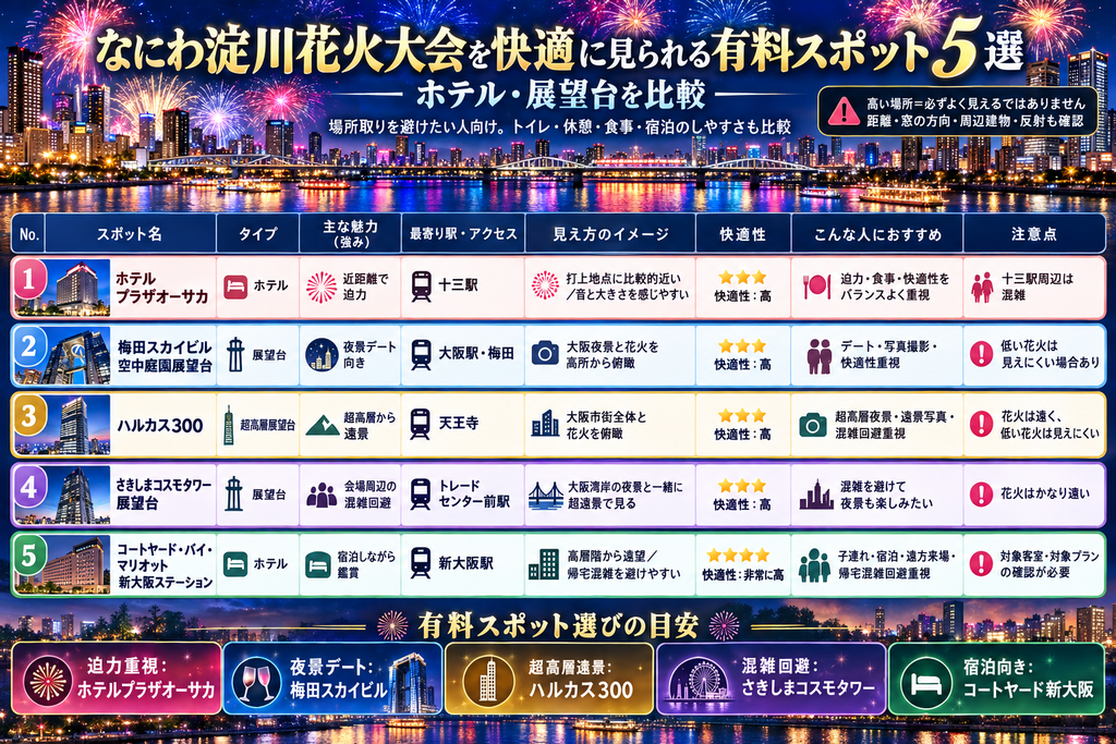 なにわ淀川花火大会を快適に見られる有料スポット5選|ホテル・展望台を比較