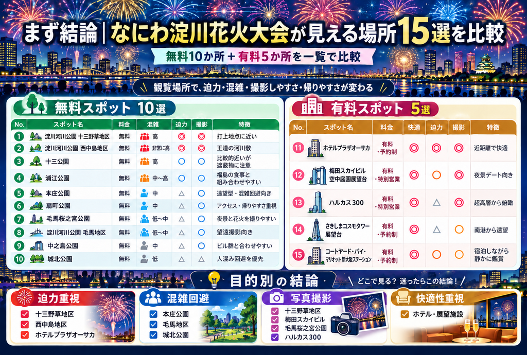 まず結論|なにわ淀川花火大会が見える場所15選を比較