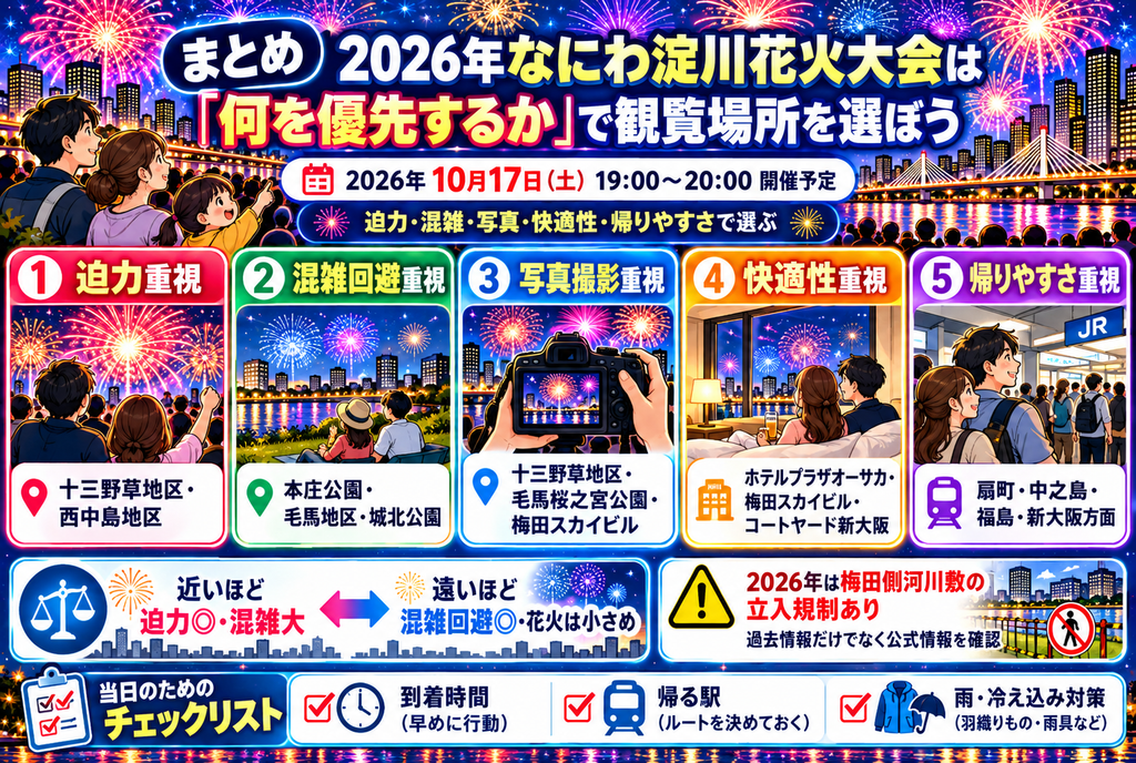 まとめ|2026年なにわ淀川花火大会は「何を優先するか」で観覧場所を選ぼう