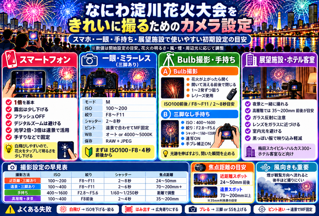 なにわ淀川花火大会をきれいに撮るためのカメラ設定