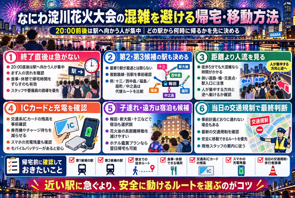 なにわ淀川花火大会の混雑を避ける帰宅・移動方法