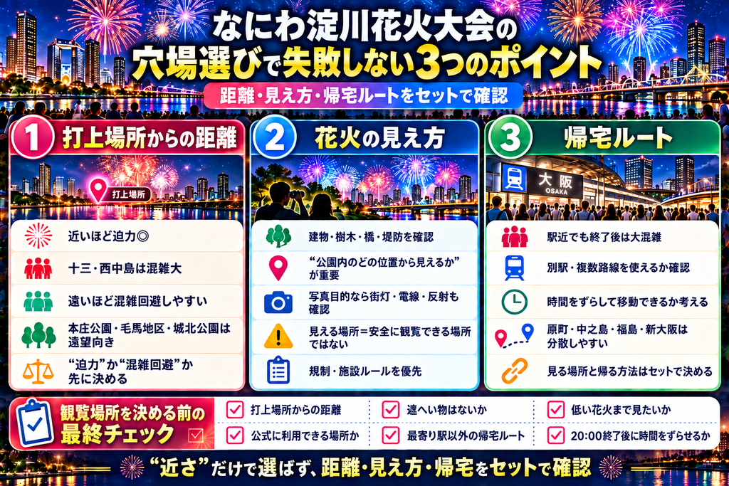 なにわ淀川花火大会の穴場選びで失敗しない3つのポイント