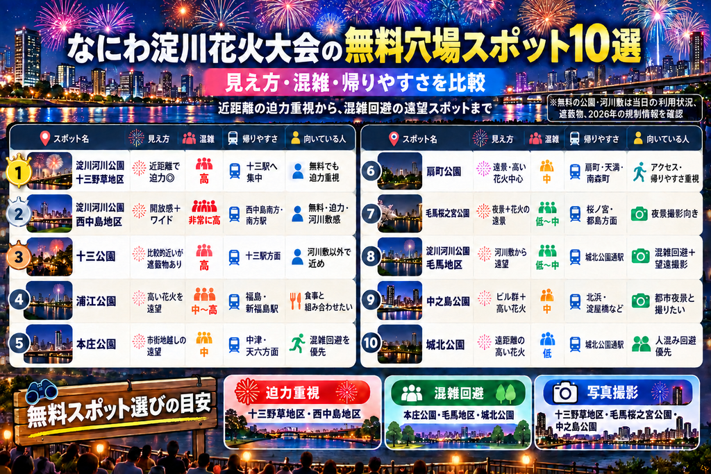 なにわ淀川花火大会の無料穴場スポット10選|見え方・混雑・帰りやすさを比較